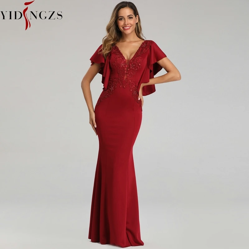 

YIDINGZS See-through V-neck Appliques Beaded Evening Dress Elegant Party Long Dress YD16336