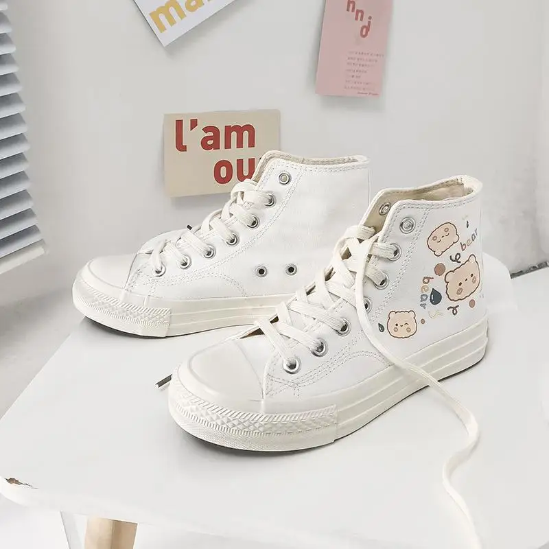 

Ins Hot White Canvas Women Print High Top Sneakers Vulcanize for Student 2021 Autumn Female Casual White Sneakers Vulcanize