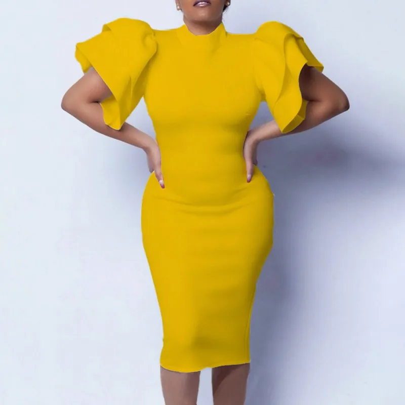 

African Dresses For Women Yellow Short Sleeve Pencil Dresses Dashiki Ankara Robe Wedding Evening Vestidos Africanos Outfits