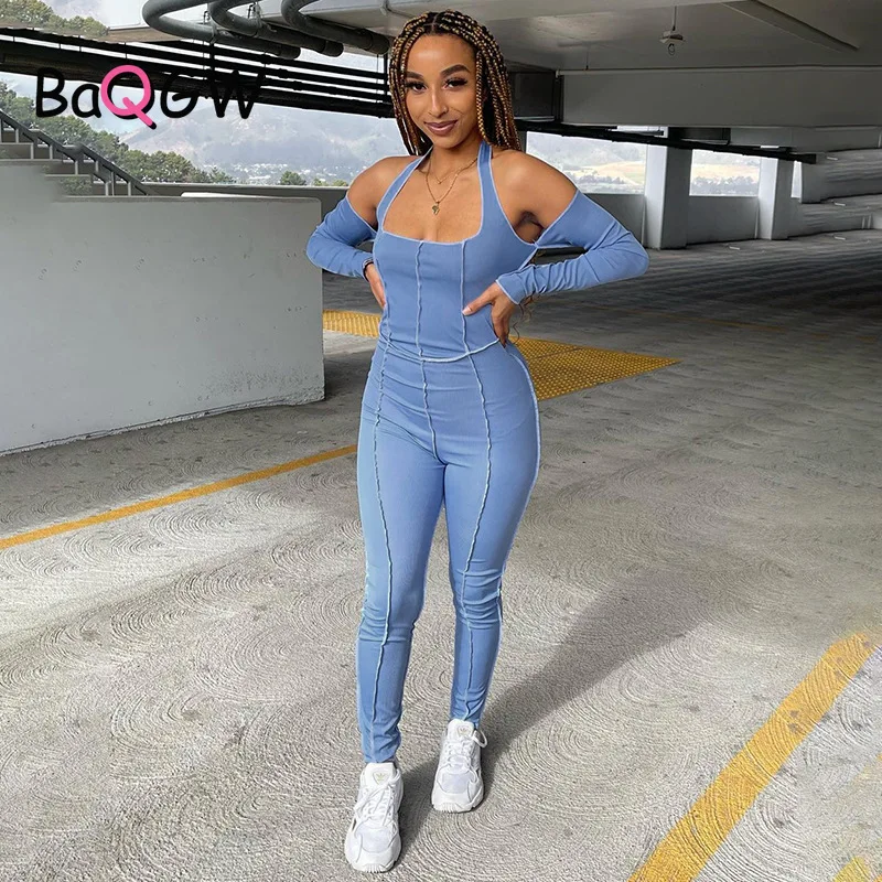 

BaQGW Off Shoulder Sexy Halter Tops Ruched Stacked Jumpsuit Women Long Sleeve Skinny Party Clubwear Female Elastic Streetwear