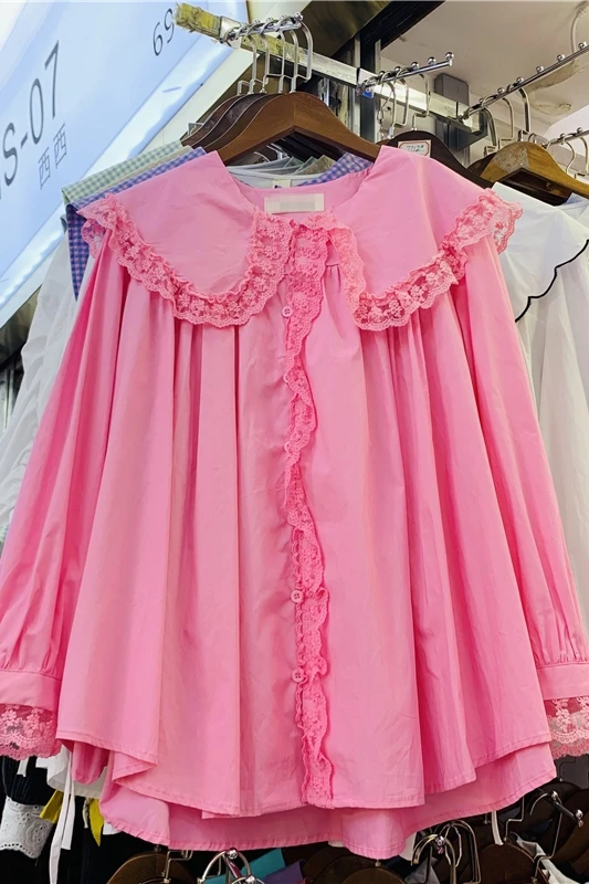 

2021 Spring New French Style Top Doll Collar Loose Shirt Women's Ruffle Lace Stitching Blouse Long Sleeve Sweet Fairy Blusas