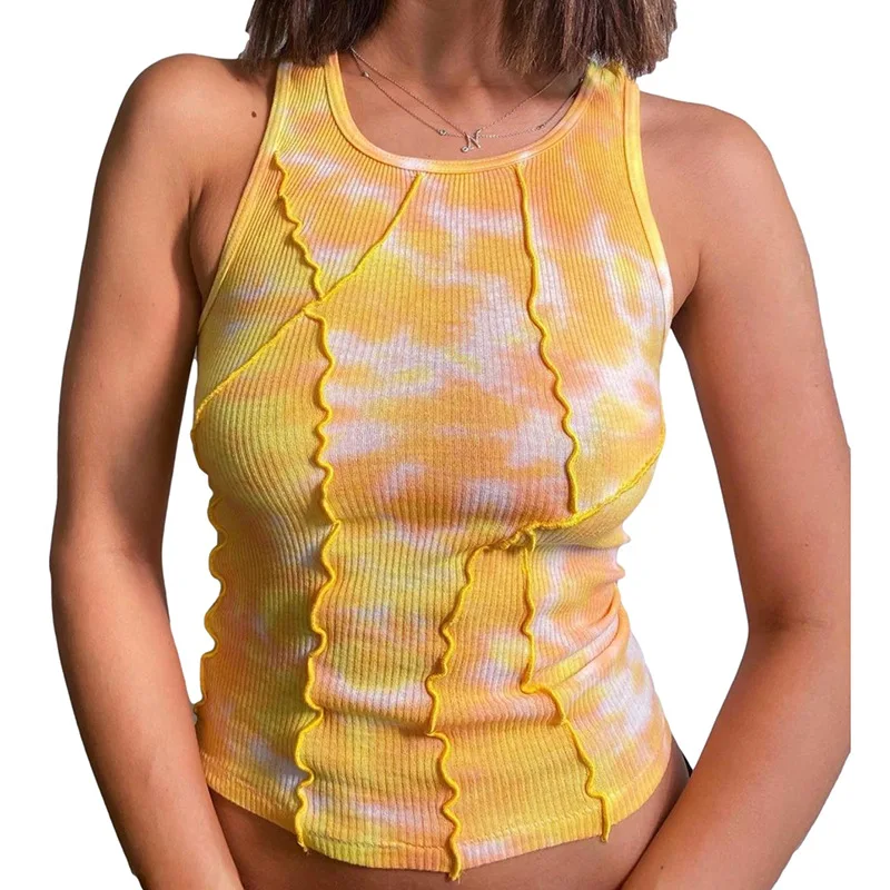 

Casual Stitching Ruched Patchwork Tank Top Women Cropped Tanks 2021Summer Round Neck Skinny Slim Print Streetwear Female Outfit