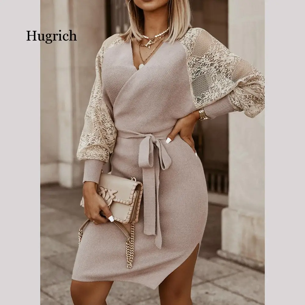 

Elegant Korean Lady Office Dress Lace Long Sleeve Women Knitting Sweater Dresses Winter V-Neck Mini Vestidoes Female Streetwear