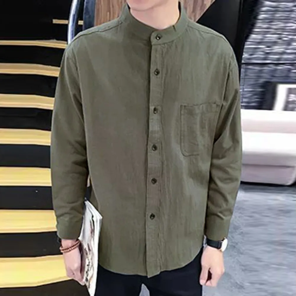 

Men Cotton Linen Casual Slim Long Sleeve T-shirt Business Stand-up Collar Shirt Long Sleeve Stand-up Collar Cardigan Loose Thin
