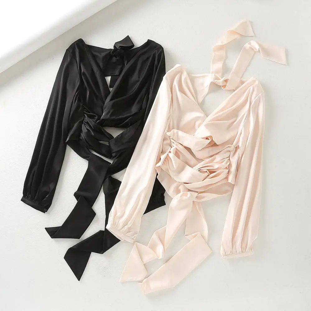 Женская атласная блузка с открытой спиной осень 2019|Блузки| |