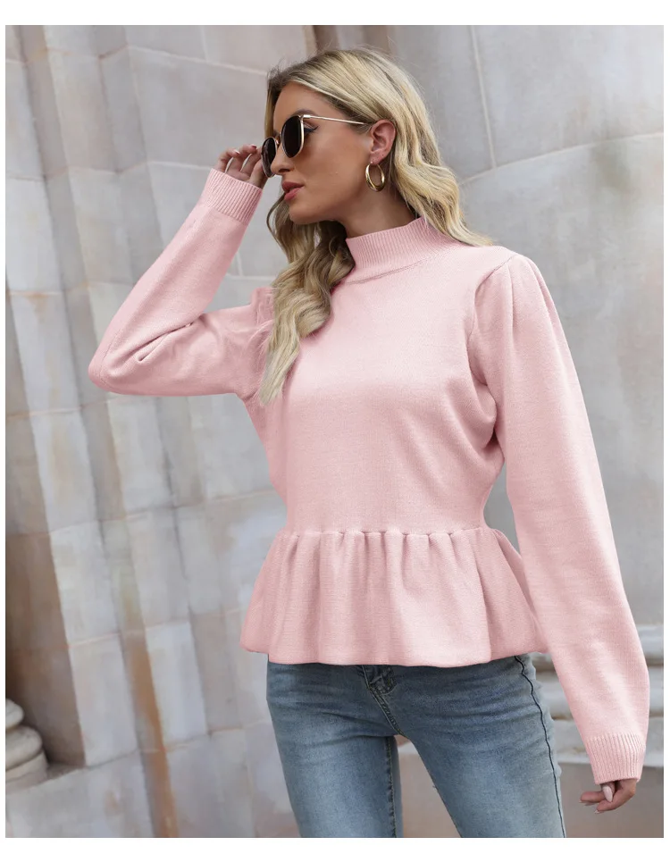 

Autumn Winter 2021 New Half Turtleneck Knitted Sweater Women Ruffle Solid Sweaters Long Sleeve Pullover Fashion Clothes H264