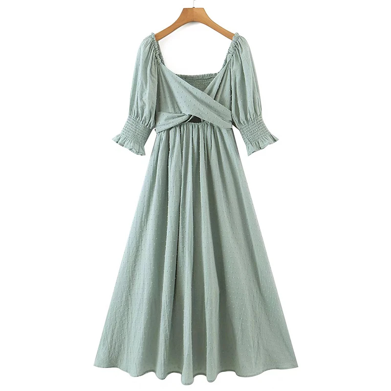 

YENKYE New Spring Women Vintage Dotted Cross V Neck Sashes Long Dress Female Puff Sleeve Holiday Casual Ladies Dress Vestido