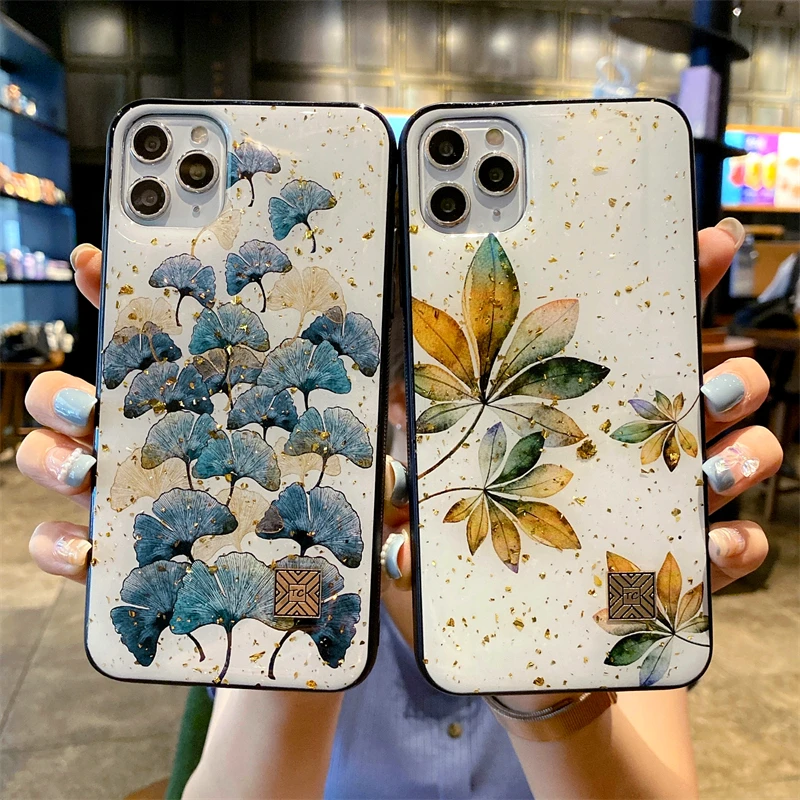 Luxury Gold Foil Fresh Leaf Flower Silicon Case For iPhone 14 13 12 11 Pro Xs Max Mini SE X XR 7 8 Plus Glitter Bling Soft Cover