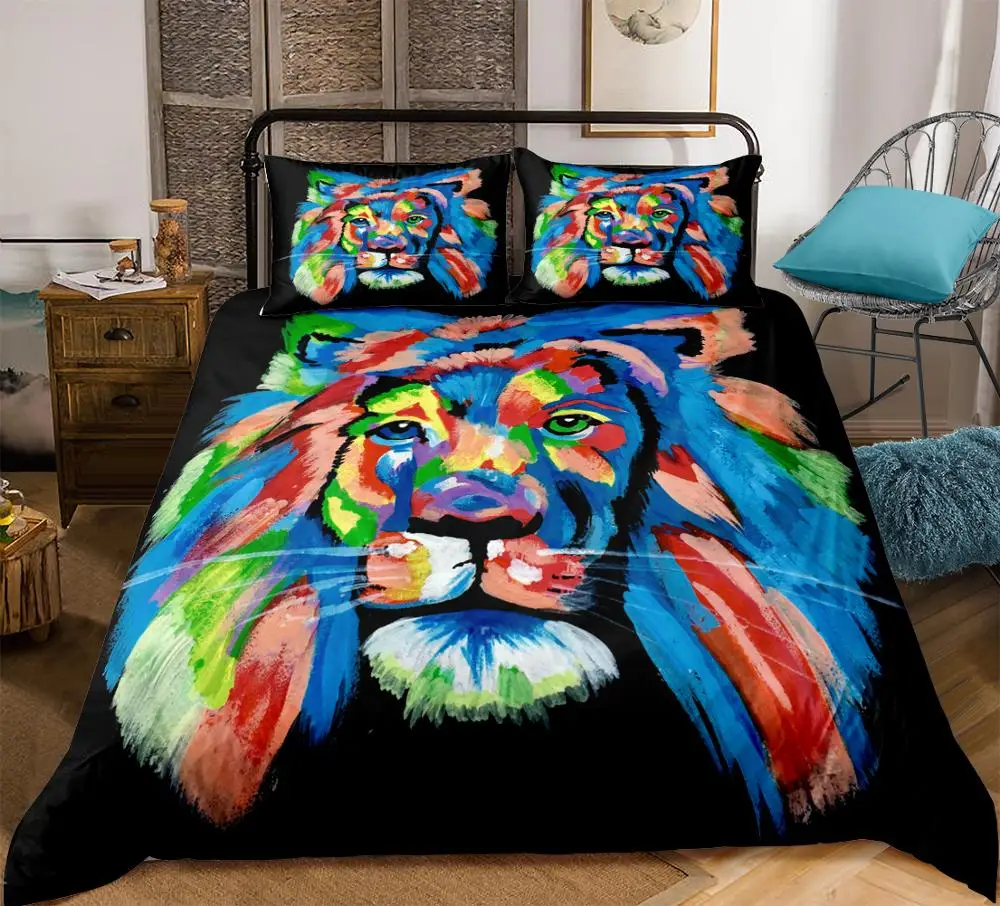 

3-piece Lion Bedding Set Duvet Cover Colorful Wild Animal Home Textiles Watercolor Animals Bedclothes Dropship