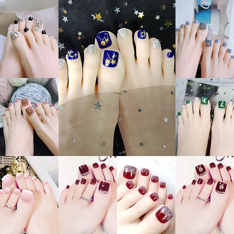 

24pcs UV Sealing Layer Fake ToeNails with Nail Glue Glitter Rhinestone False Nail Tips Artificial Waterproof Wearable Toenails
