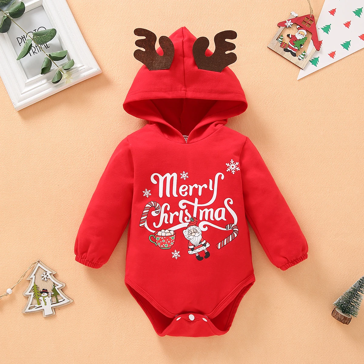 Christmas Baby one-piece briefs elk hooded letter Santa Claus red long sleeve baby bodysuits suitable for babies aged 0-18months