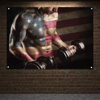 workout banner wall art double exposure of a young muscular man with dumbbells poster vintage american flag tapestry gym decor