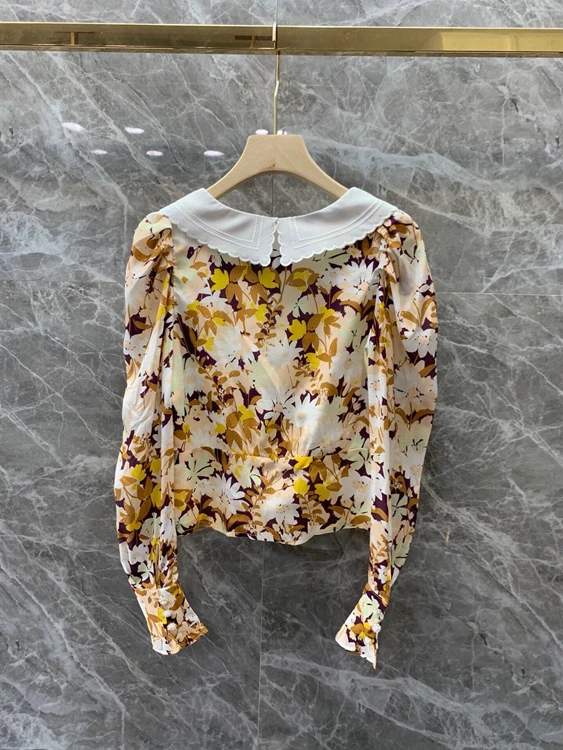 

2021 spring new women's color matching lapel tie neckline decorative printing long sleeve short top 302