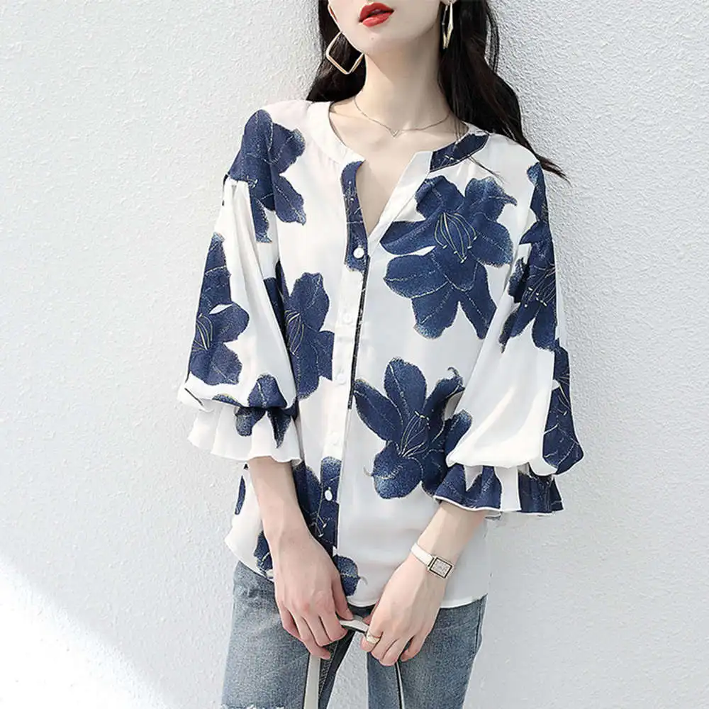 Летняя шифоновая блузка OL женское платье с v-образным воротом Цветочный принт