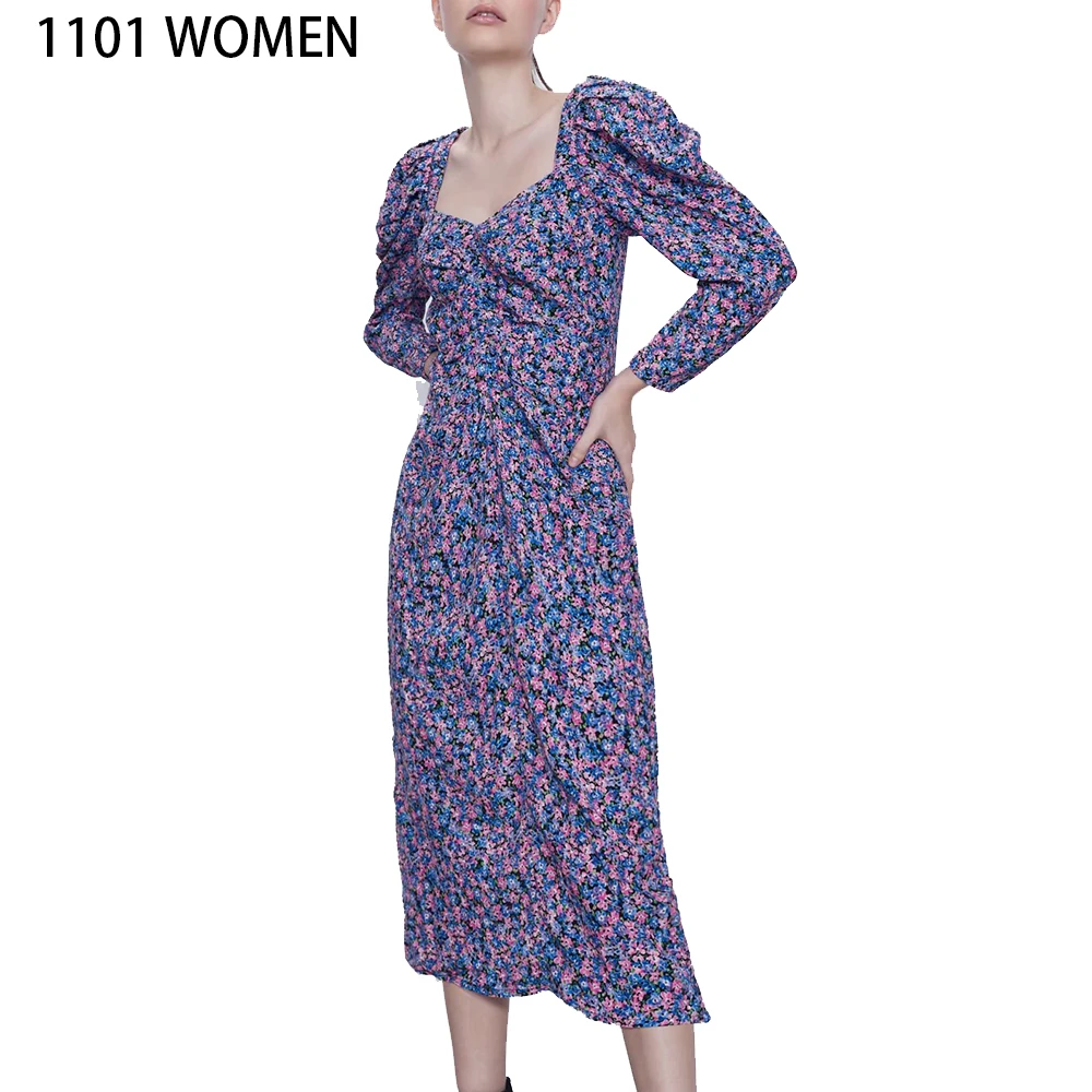 Женское платье ZA фиолетовое до середины икры с длинным рукавом и цветочным