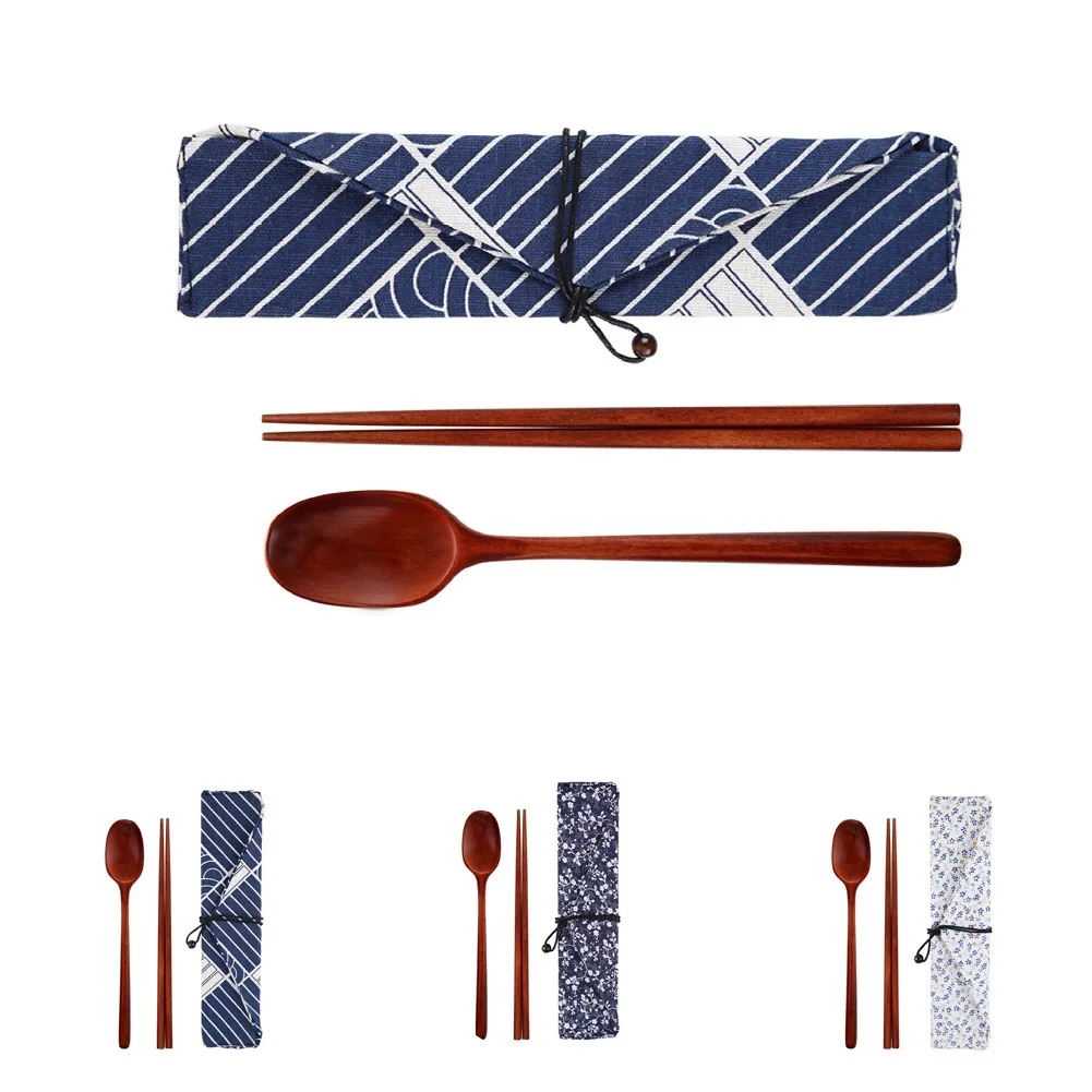 

1 Set Portable Wooden Dinnerware Sets Japanese Delicate Bag Wooden Spoon Chopsticks Outdoor Travel Picnic Single Tableware