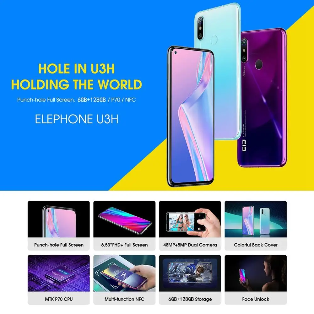 ElEPHONE U3H Android 10 Мобильный телефон 6 53 &quotHelio P70 Octa Core ГБ + 128 24MP селфи 48MP Камера 4G