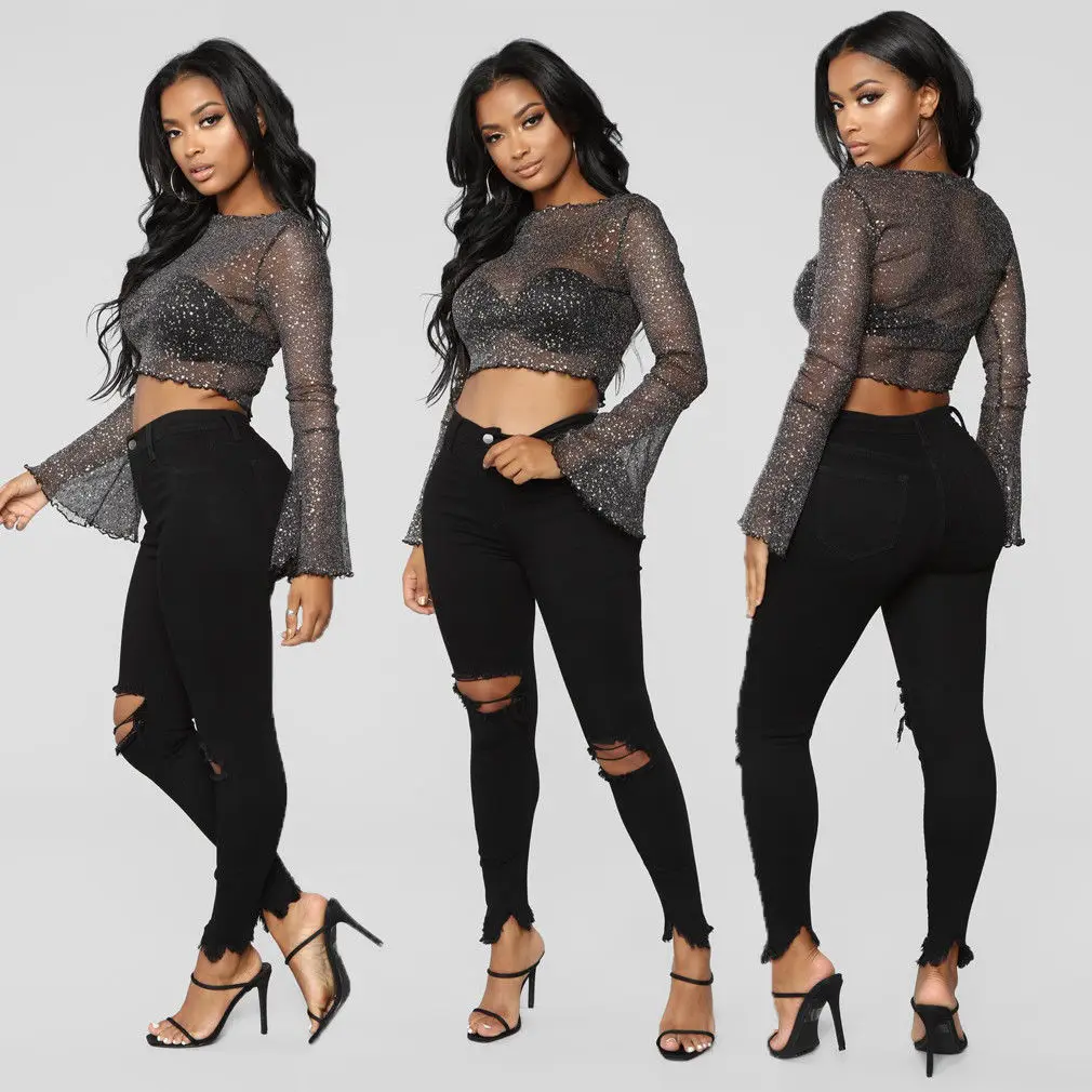 

Women Fashion Glitter Blingbling Flare Sleeve Ruffled Crop Top Lady Spring Fall Sexy See Through Sheer Mesh Clubwear Blouse