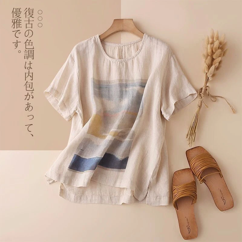 

2022 New Summer Arts Style Women Short Sleeve Loose T-shirt Vintage Print cotton linen Tee Shirt Femme Casual Tops M141