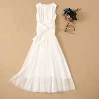 white long dress 2021 summer wedding party women o neck big bow deco sexy tulle mesh patchwork sleeveless white maxi gown dress