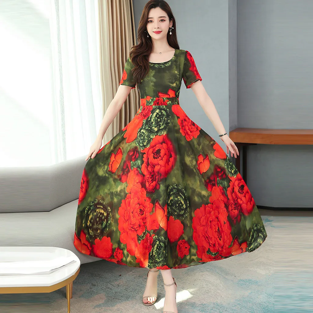 

Elegant Dress Office Lady Dress Fashion Casual Women O-Neck Short Sleeve Long Floral Print Slim A-Line Dress 2020 Vestidos Femme