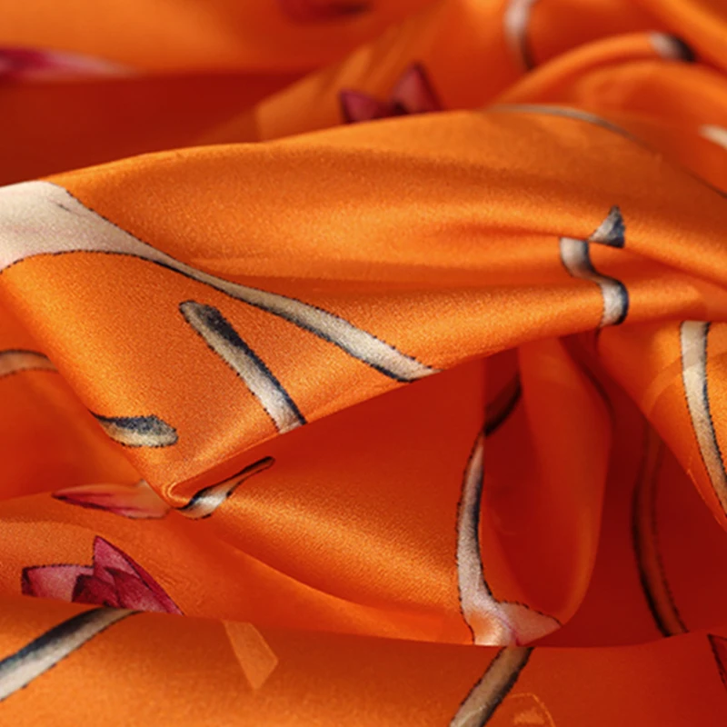 

138CM Wide 22MM Tulips Print Stretch Orange Beige Silk Satin Fabric for Summer Dress Shirt Scarf DE1339