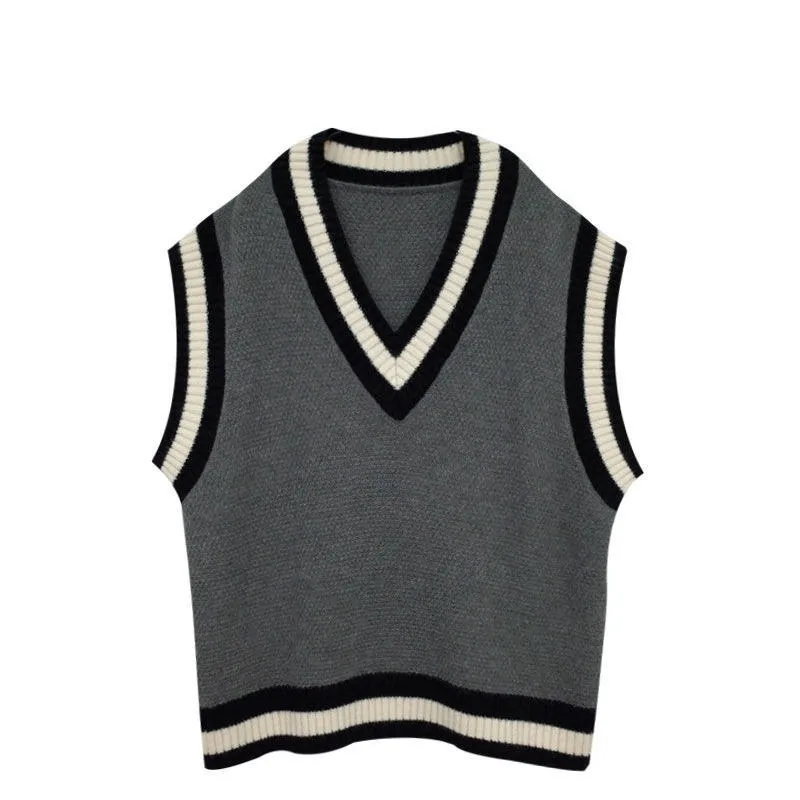 

NEW Panelled Sweater Vests Women Knitting Japanese Style Loose Leisure Bf Unisex Preppy V-neck Harajuku Casual All-match Female