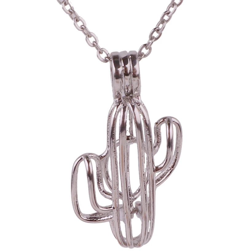 

10pcs Copper Cactus plant Beads Cage Essential Oil Diffuser Perfume Pearl Cage Locket necklace 45cm stainless steel chains