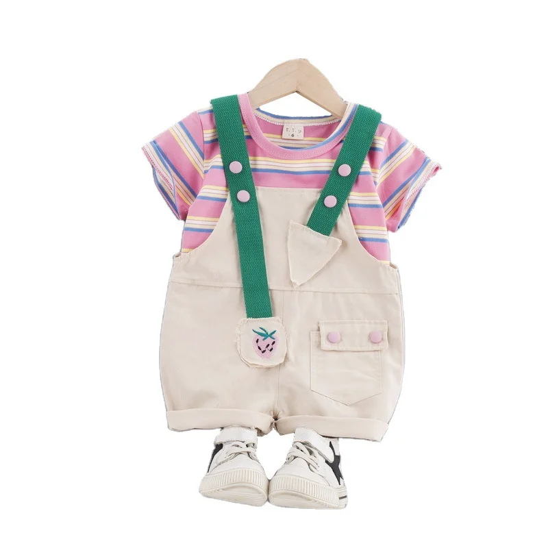 

Baby New Summer Cartoon Clothing Children Boys Girls Striped T Shirt Bib Shorts 2Pcs/sets Kids Infant Clothes Toddler Tracksuit
