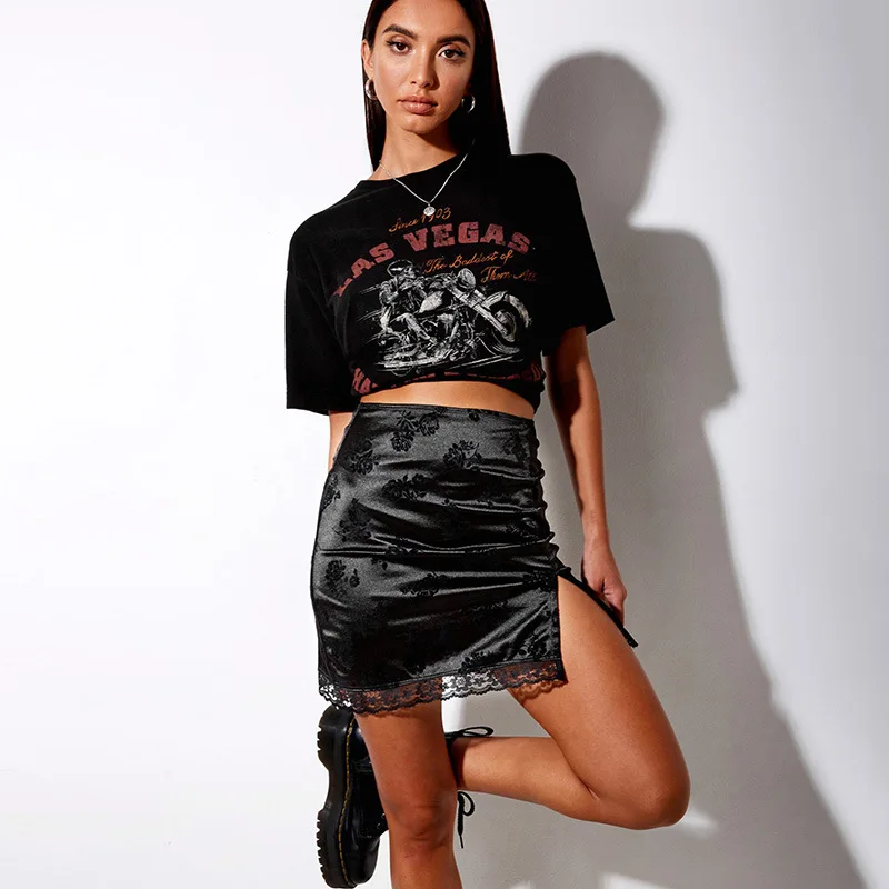 

FSNFOX Flower Print High Waist Mini Black Skirts Women Streetwear Bodycon Velour Pencil Skirt Gothic Vintage Sexy Lace faldas