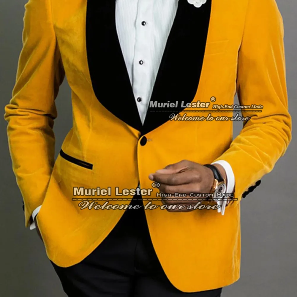 Золотые мужские костюмы приталенные бархатные блейзеры с черным Лапле + брюки из
