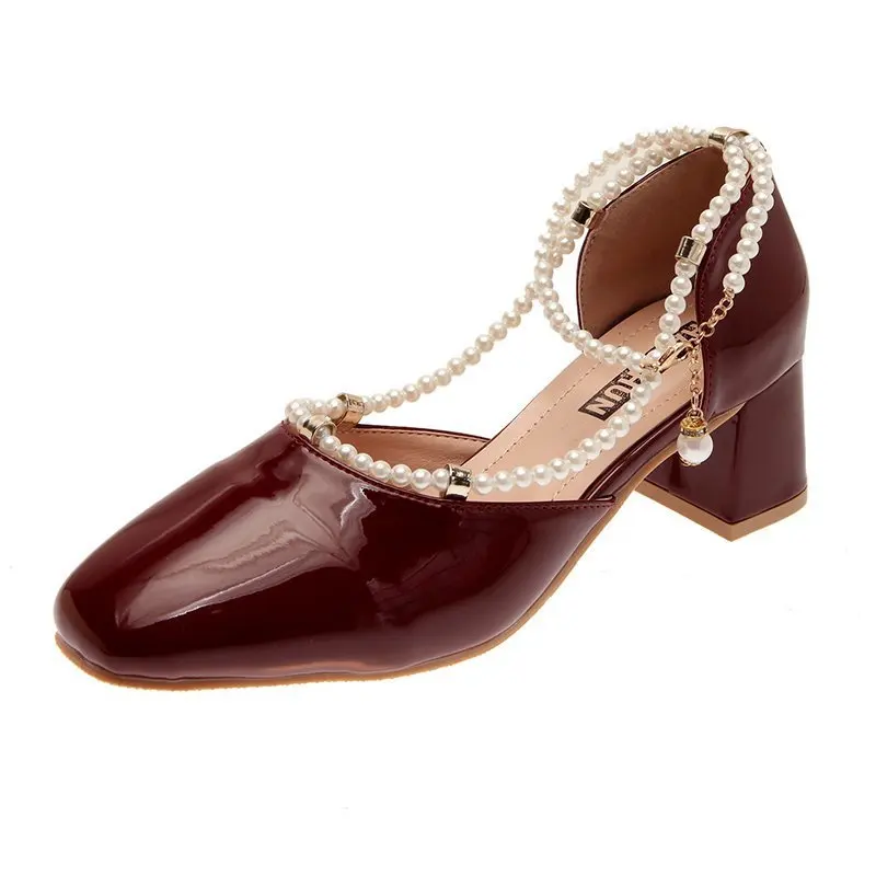 

Shoes Female Sandal Med 2021 Summer Block Heels Girls Medium Pearl Fashion Comfort Retro Closed Low Chunky Beige New Casual Back