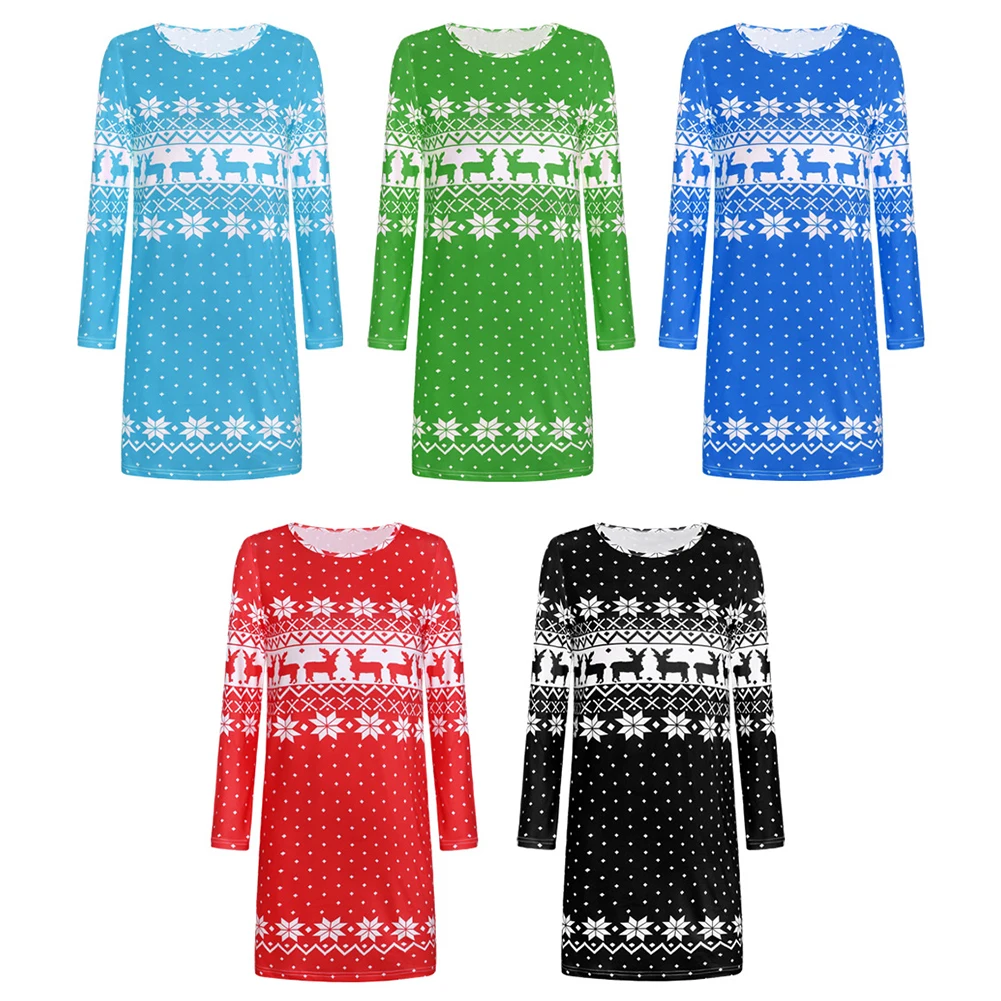 

Womens Autumn Winter Long-sleeved Dress Christmas Print Mid-waist Short A-line Dress