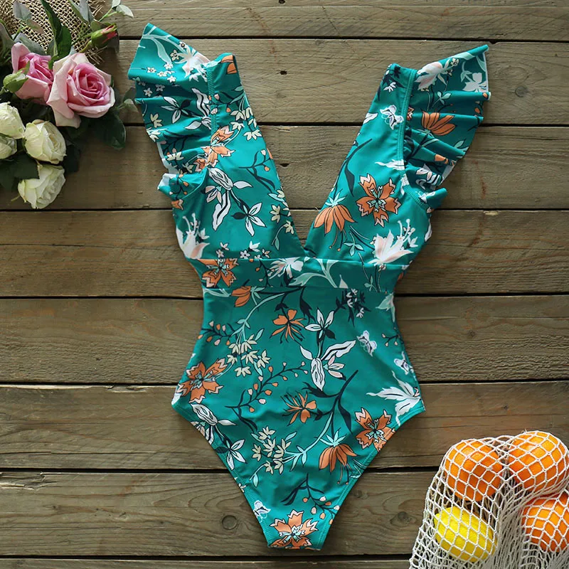 Купальник слитный женский с V-образным вырезом купальник оборками на плечах