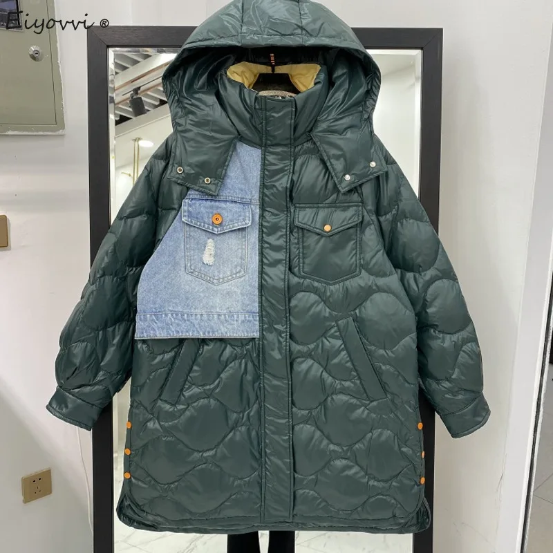 2021 New Winter Down Jacket Women's Medium Long Blue Denim Stitched Wide Hooded 90% White Duck Thick Warm Coat Fashion Parka