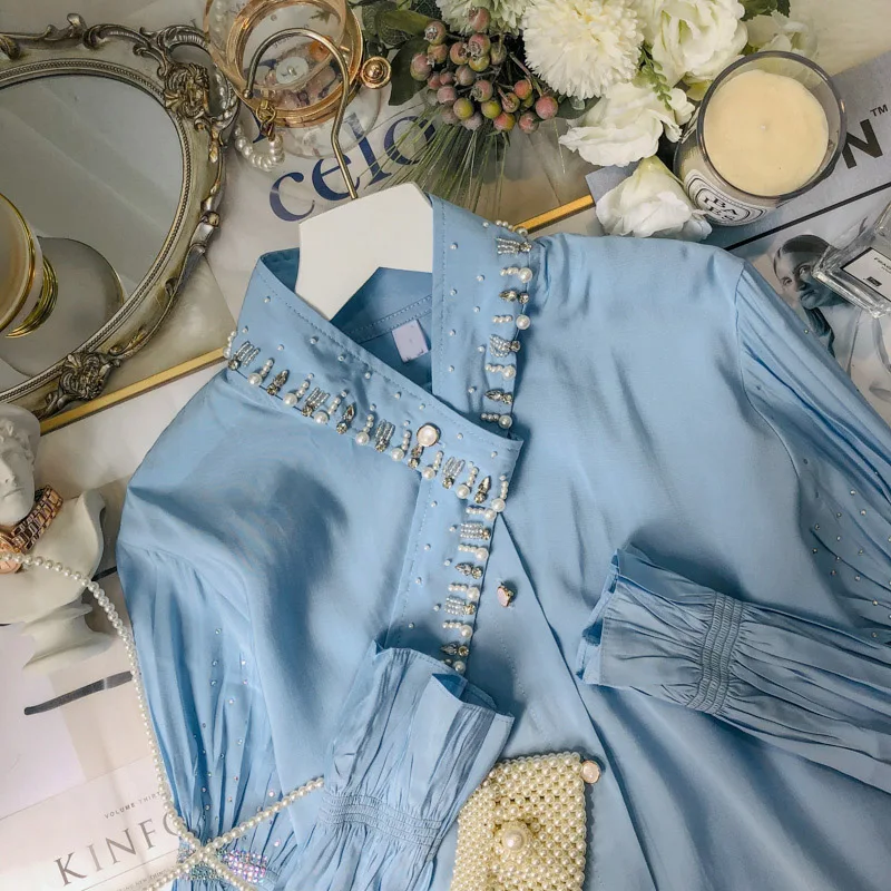 

Fairy Dream Bell Sleeve Shirts for Women 2021 Summer Beads Rhinestones Long Sleeve Tops Fashion Simple Temperament Blouse