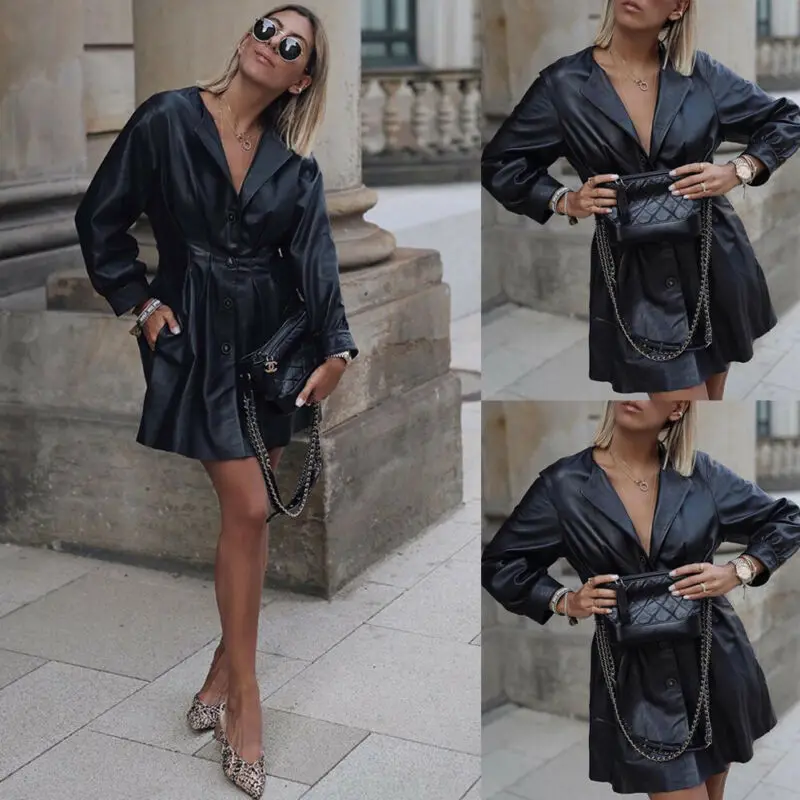 

New Fashion Coat Women Ladies Autumn Spring Long Sleeve PU Leather Jacket Button Slim Casual Coat Jacket Tops Black Long Jackets