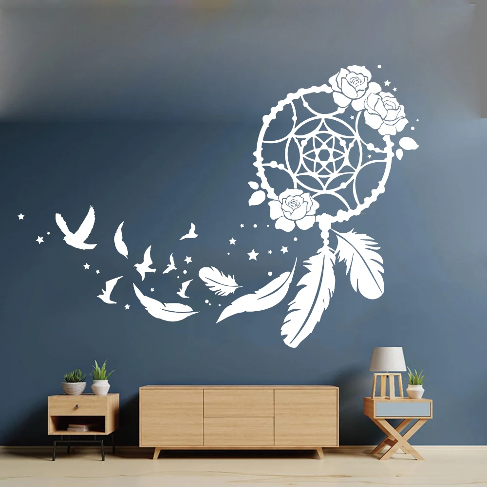 Настенные виниловые наклейки в стиле бохо с ловцом снов, розой и птицами