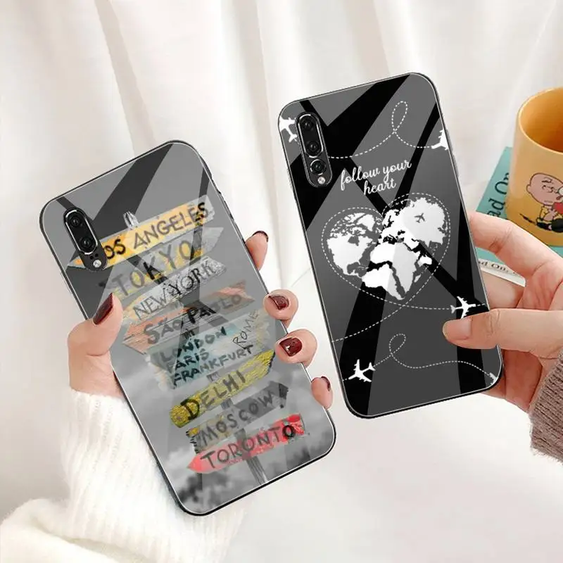 Дорожный Чехол для телефона с картой мира закаленное стекло Huawei P30 P20 P10 lite honor 7A 8X 9