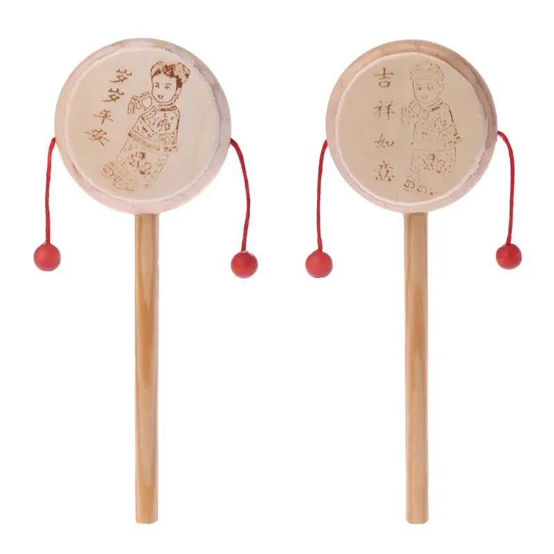

Wood Cartoon Chinese Traditional Spinning Rattle Drum Hand Bell Baby Musical Toy