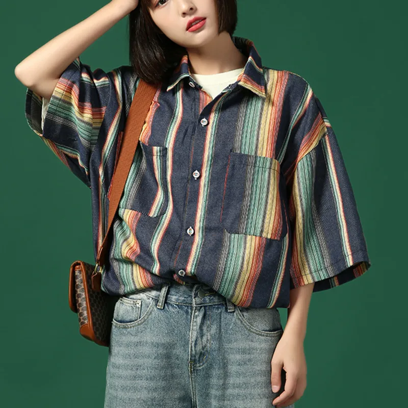 

2020 Autumn Cotton Blouse half Sleeve shires Korean of the contrast color rainbow striped short-sleeved loose shirt women new