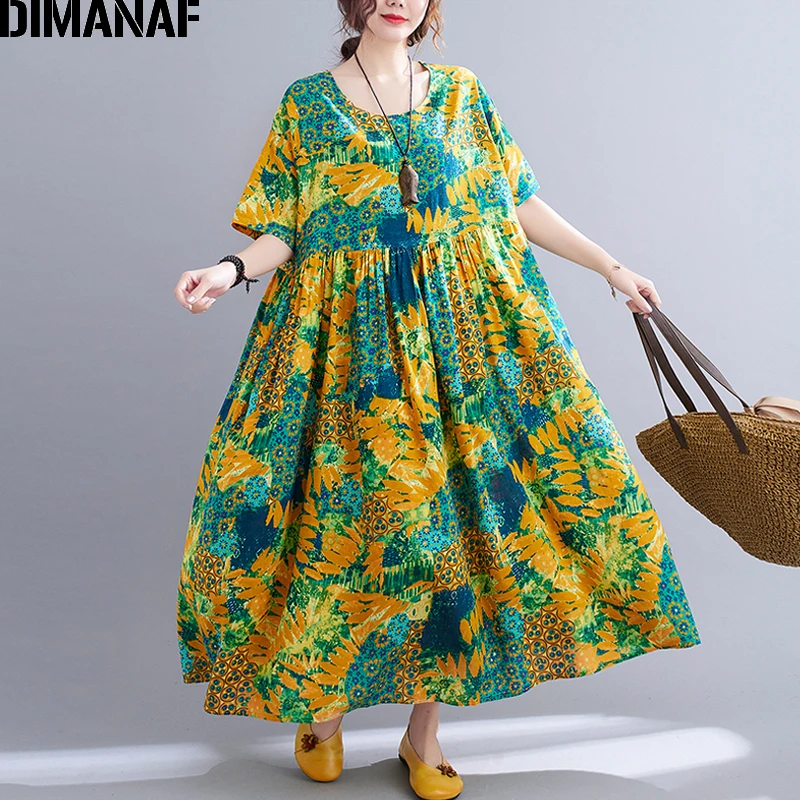

DIMANAF 2021 Oversize Summer Dress Oversize Women Vestidos Sundress Holiday Flower Print Long Dress Cotton Loose Dress 5XL 6XL