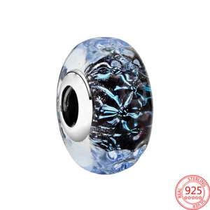 New 925 Sterling Silver Fine Jewelry Wavy Dark Blue Murano Glass bead Charms Pendant Fit Original Pandora Bangles Gift for Women