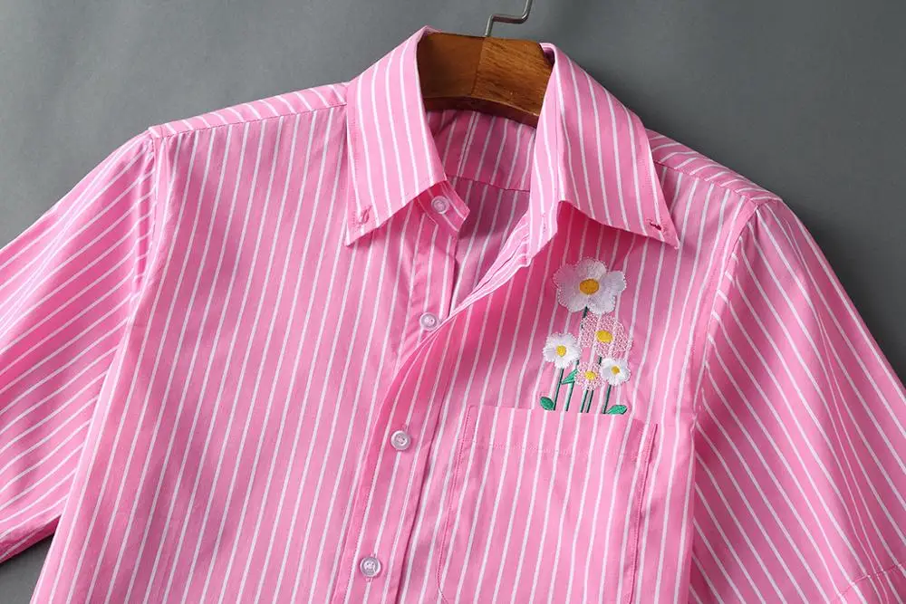 

New 19 Men Oxford embroidery Striped Pink Dandelion Cotton Casual Shirts Shirt high quality Pocket Short-sleeves Top M 2XL #M59