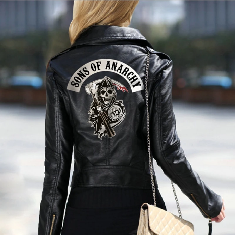

New Spring Autumn Women's Moto Son of chaos Biker Zipper Jacket Turn Down Collar Black PU Faux Leather Jacket Slim Lady top