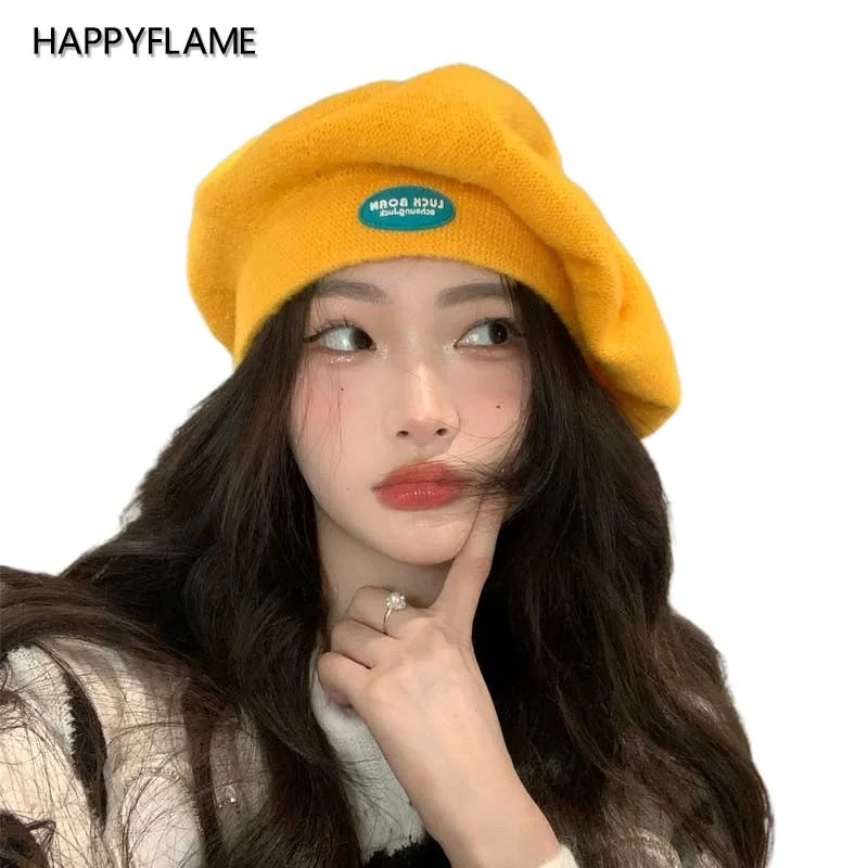 

Fashion Beret with Letter Label Octagonal Cap French Artist Warm Winter Hat Female All-Match Hat Ladies Bud Hat Soft Women Hat