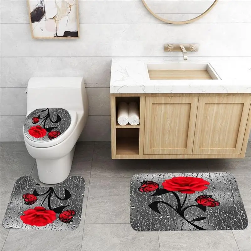 

Durable Waterproof Shower Curtain Set Pedestal Rug Lid Toilet Cover Bath Mat Rugs Butterfly Bathroom Non-slip Mat Set