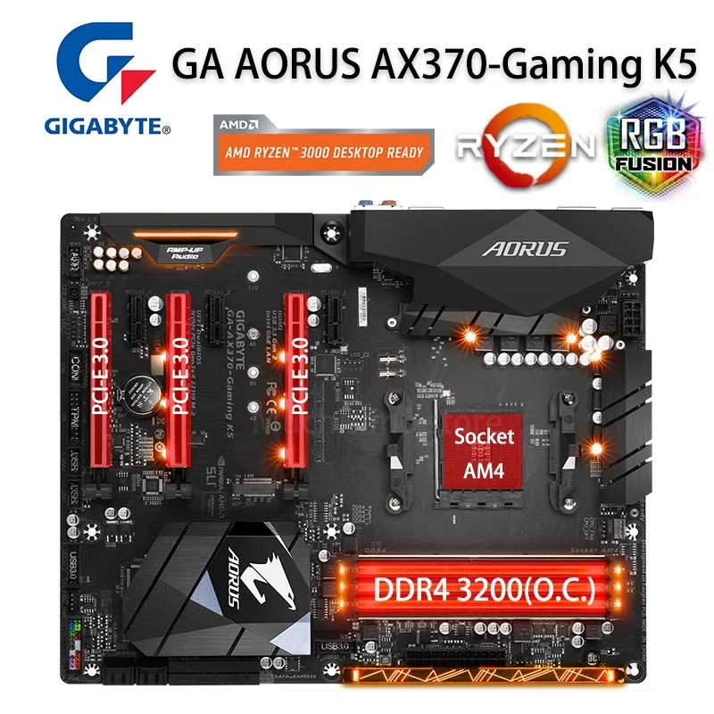 Billig Buchse AM4 Gigabyte AORUS AX370-Gaming K5 Motherboard DDR4 64GB DDR4 3200(O.C.) M.2 Desktop X370 Placa-mãe AM4 AMD X370 ATX Verwendet