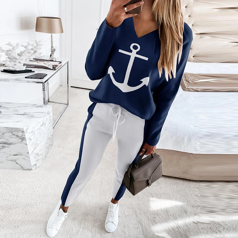 

Spring V Neck Sweatshirts Outfits Sportswear Fashion Women Two Piece Sets Casual Tops And Drawstring Long Pants Suits Tracksuits