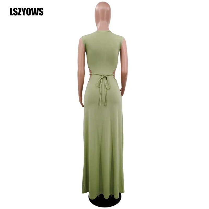 

2021 Sexy Women Maxi Long Dress Sleeveless Cut Hollow Out Lace Up Bodycon Dress Solid Color Casual Summer Party Dresses Vestidos